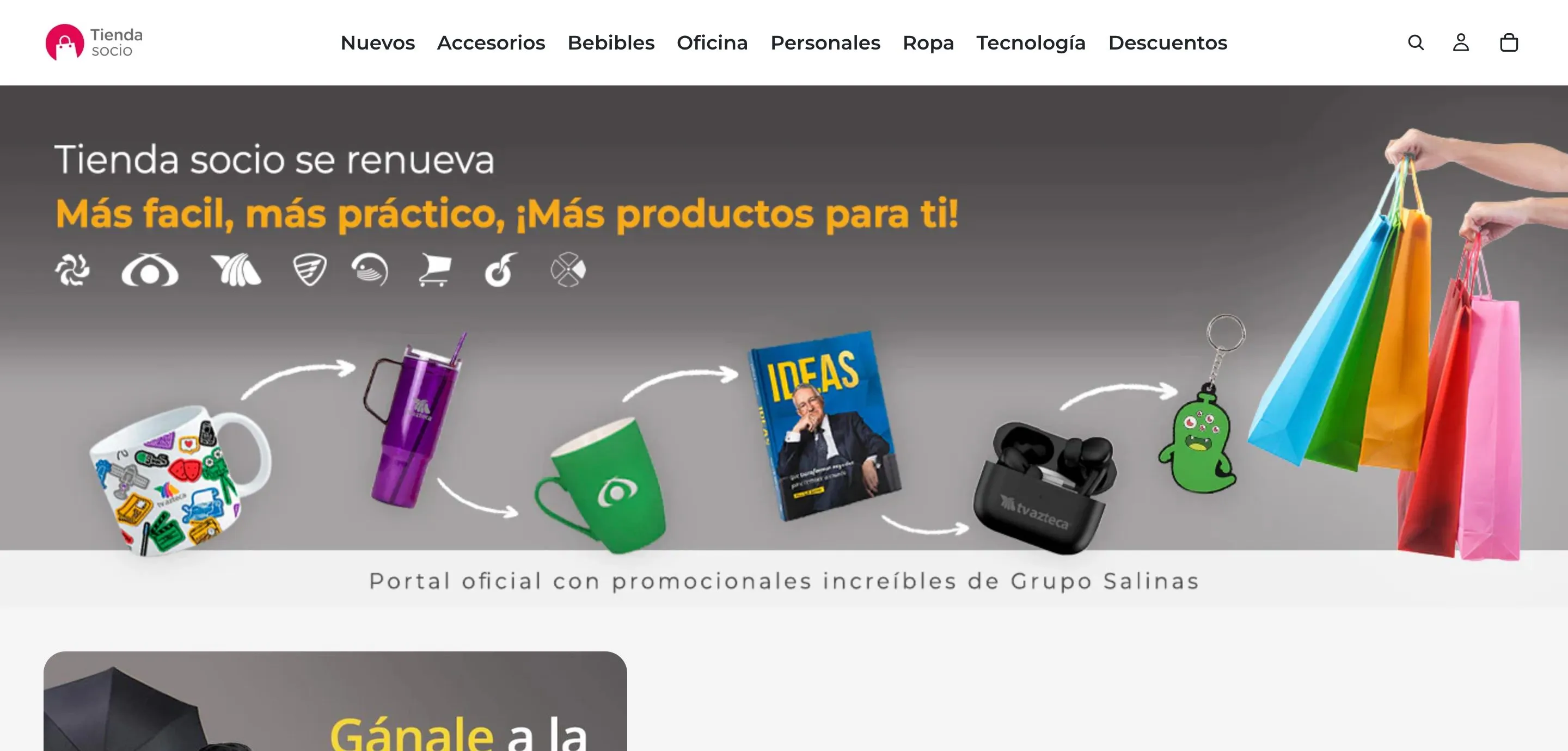 Captura del portal Mi Tienda Socio con productos promocionales de Grupo Salinas